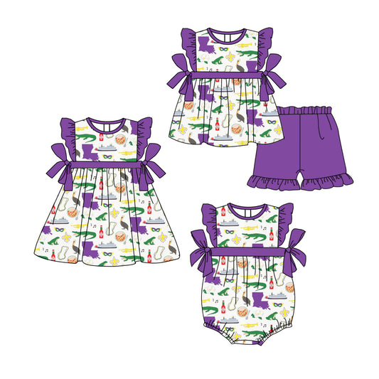 12.4 custom each style moq 5eta 4-6week Sibling Sister mardi gras baby girl short sleeve shorts sets and dress and rompers match family design