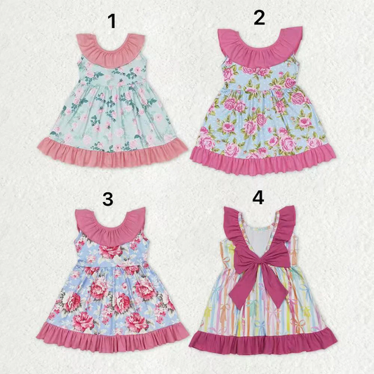 RTS NO MOQ Sibling baby girl clothes floral bow flying sleeve dresses