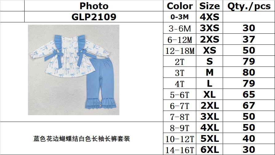 RTS NO MOQ ETA 5/7days Arrived GLP2109 Blue lace bow white long-sleeved trousers set