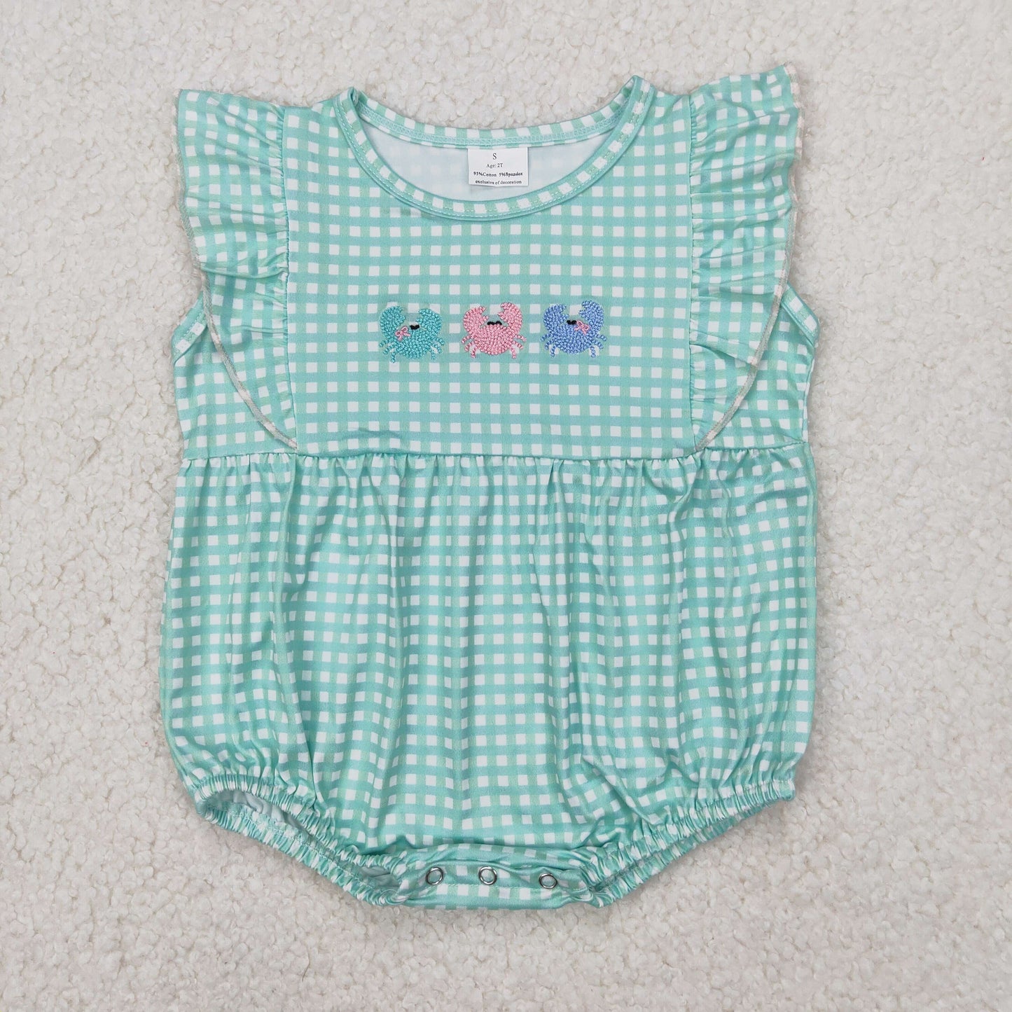 RTS NO MOQ ETA 5/7days arrived SR2659 Girls Embroidered Crab Green Plaid Vest Bodysuit