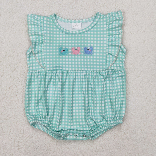 RTS NO MOQ ETA 5/7days arrived SR2659 Girls Embroidered Crab Green Plaid Vest Bodysuit