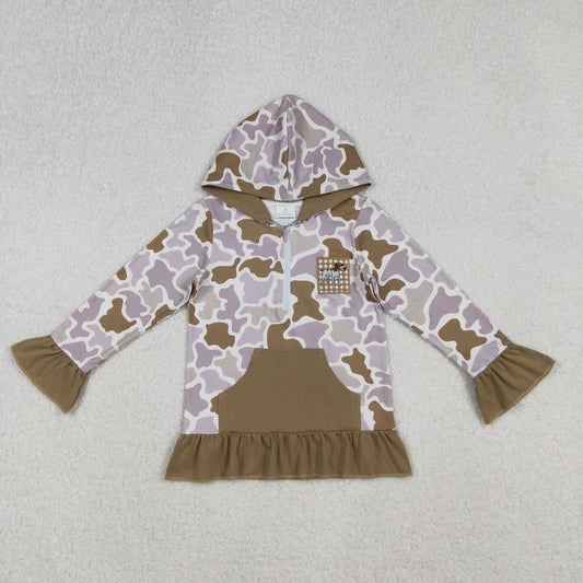 RTS NO MOQ（In Stock) GT1134 Embroidery Dalmatian Camo Army Green Pocket Lace Zip Hooded Long Sleeve Top