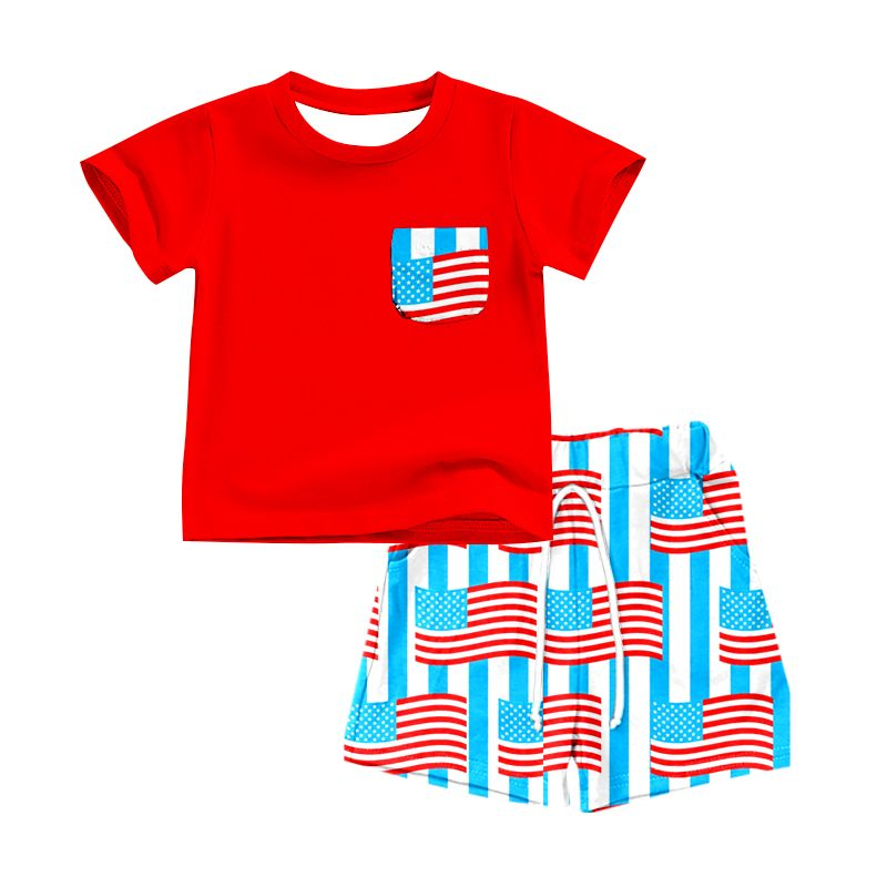BSSO0577 Flag Pocket Red Short Sleeve Blue and White Striped Shorts Suit