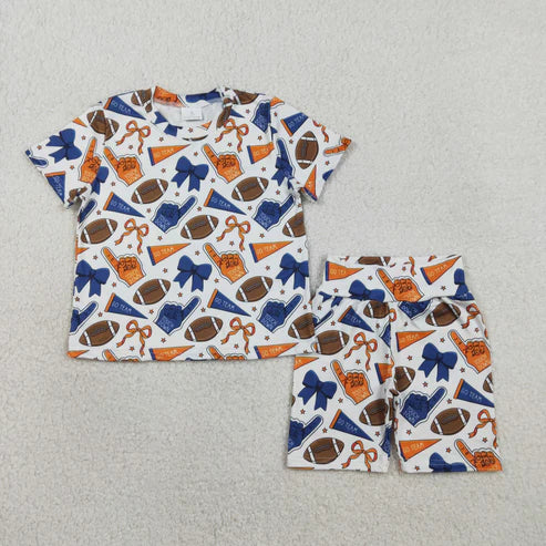 RTS NO MOQ Sibling Baby Girls Short Sleeve Bows Football Print Top And Shorts Set Team Pajamas Outfit Clothes Set for Little Girls