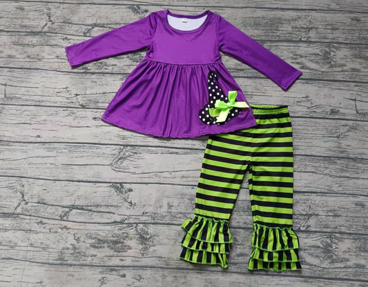Custom moq 3 eta 6-7weeks Purple long-sleeved top with fluorescent green bow and black and green striped trousers set