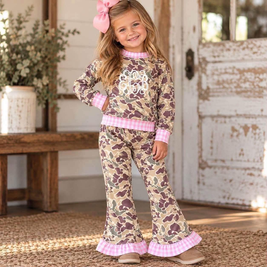 NEW RTS NO MOQ milk silk GLP3735（GT1841+P1183）Baby Girls Khaki Camo Top Bell Bottom Pant Clothes Set
