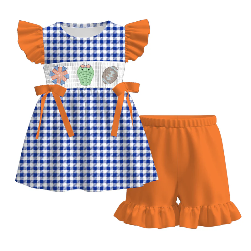 Custom summer teams baby girls clothes team orange short sleeve shorts sets dress romper-25.7.15