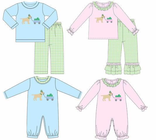 Custom moq 5 each style eta 6-7weeks baby girl clothes puppy long sleeve pants set 2 and rompers 2-25.8.14
