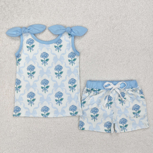 RTS NO MOQ ETA 5/7days Arrived GSSO2079 Flower leaves blue bow pattern beige sleeveless shorts set