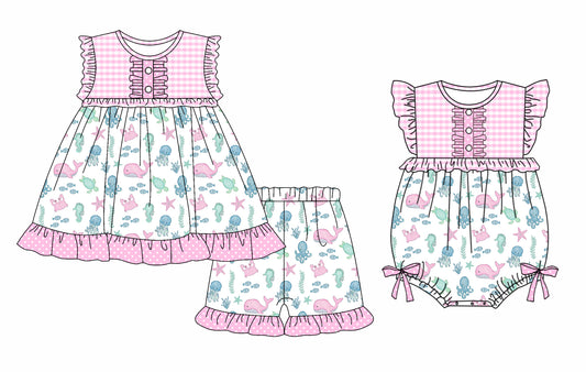 3.29 custom each style moq 5eta 4-6week Sibling Sister baby girl short sleeve shorts sets and romper match design