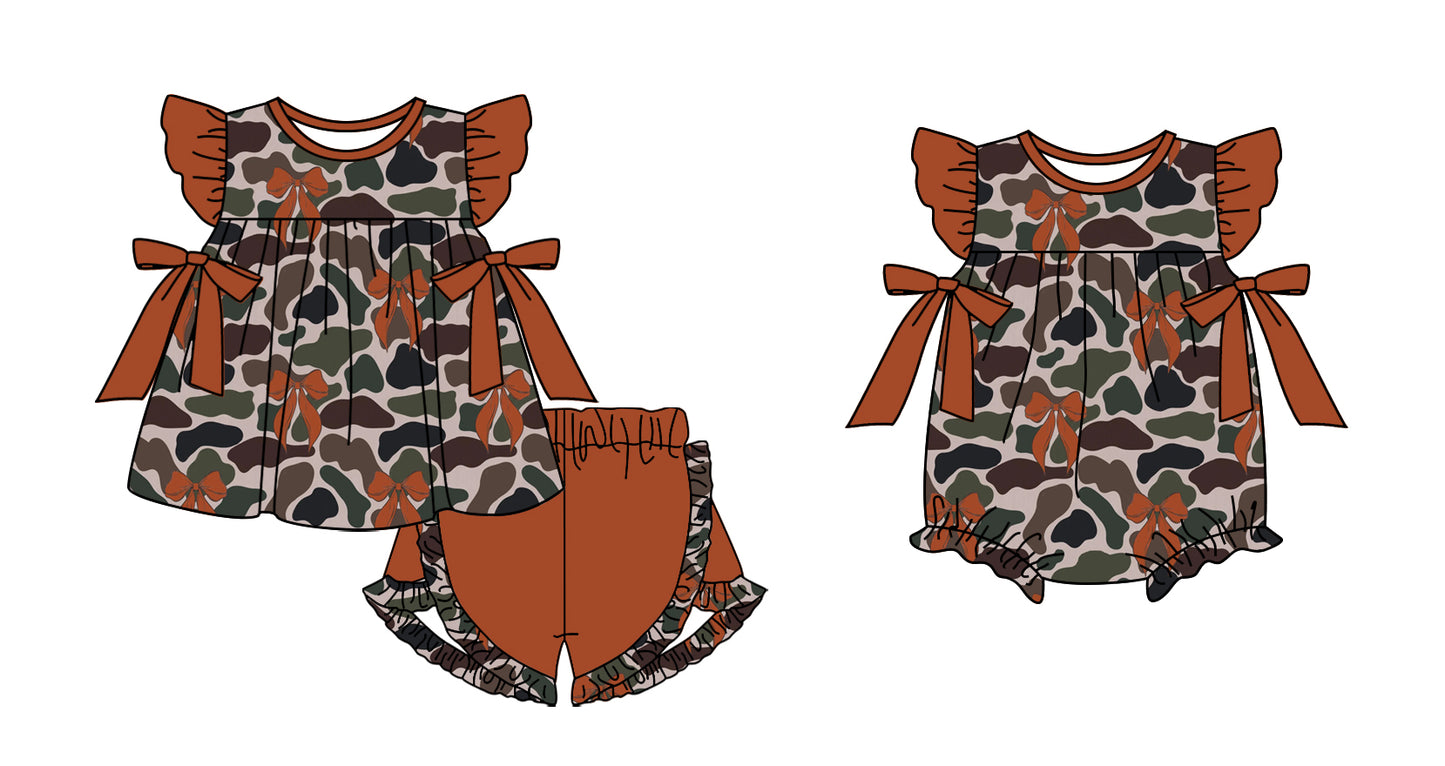 11.11 custom each style moq 5eta 4-6week Sibling Sister camouflage baby girl short sleeve shorts sets and rompers match design