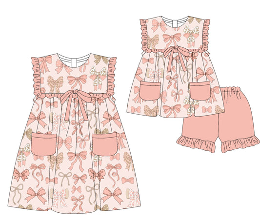 3.17 custom each style moq 5eta 4-6week Sibling Sister bow baby girl short sleeve shorts sets and dresses match design
