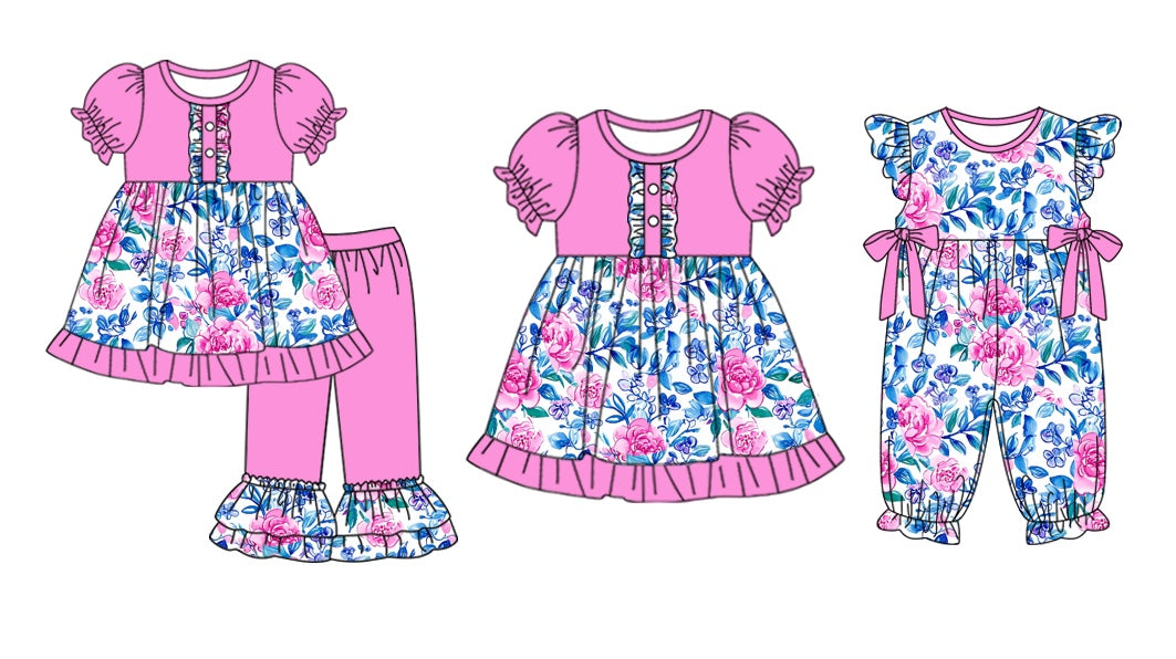 11.3 custom each style moq 5eta 4-6week Sibling Sister floral purple baby girl sets and dress and rompers match family design