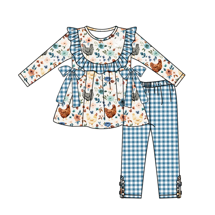 5.11custom each style moq 5eta 4-5week Sibling Sister country style chicken prints white dots blue girls set and baby romper and dress match family design
