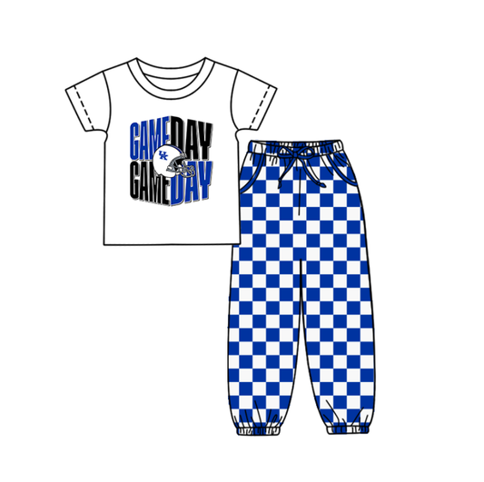 Custom summer teams baby boy clothes team GAME DAY blue plaid short sleeve pants sets-25.9.4