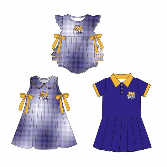 Custom moq 5 each style eta 6-7weeks baby girl clothes team purple sleeveless dress and short sleeve dress and romper-25.8.14