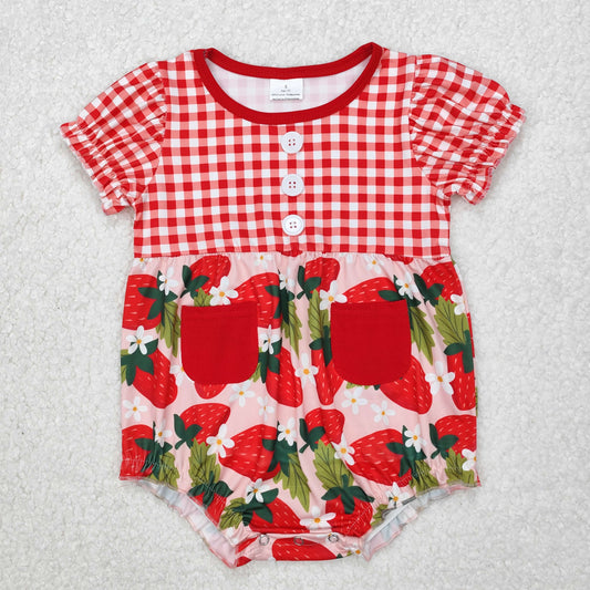 RTS NO MOQ ETA 5/7days arrived SR2307 Strawberry flower leaf pocket red plaid short sleeve jumpsuit