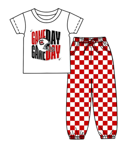 Custom summer teams baby boy clothes team GAME DAY red plaid short sleeve pants sets-25.8.22