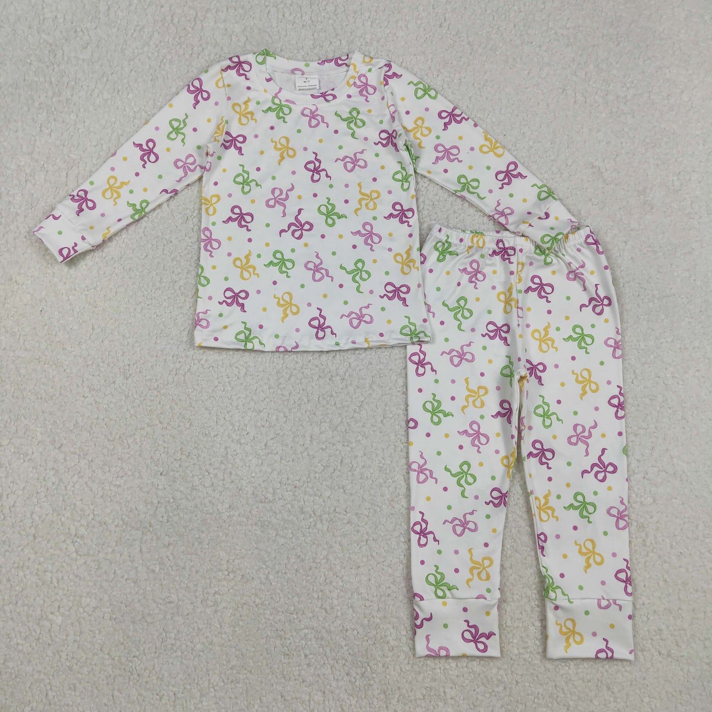 RTS NO MOQ（In Stock) Carnival Bow Pattern Polka Dot White Long-Sleeve Pants Pajama Set