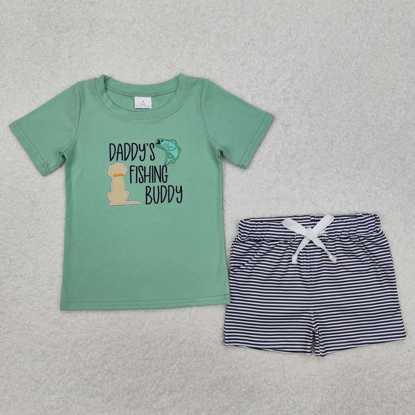 RTS NO MOQ（In Stock) Embroidered daddy's fishing buddy fish puppy green short-sleeved striped shorts set