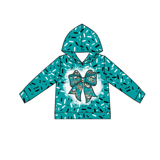 Custom moq 5 mix size milk silk summer team baby girls and boys clothes bow blue and green hooded long sleeve top-25.10.22
