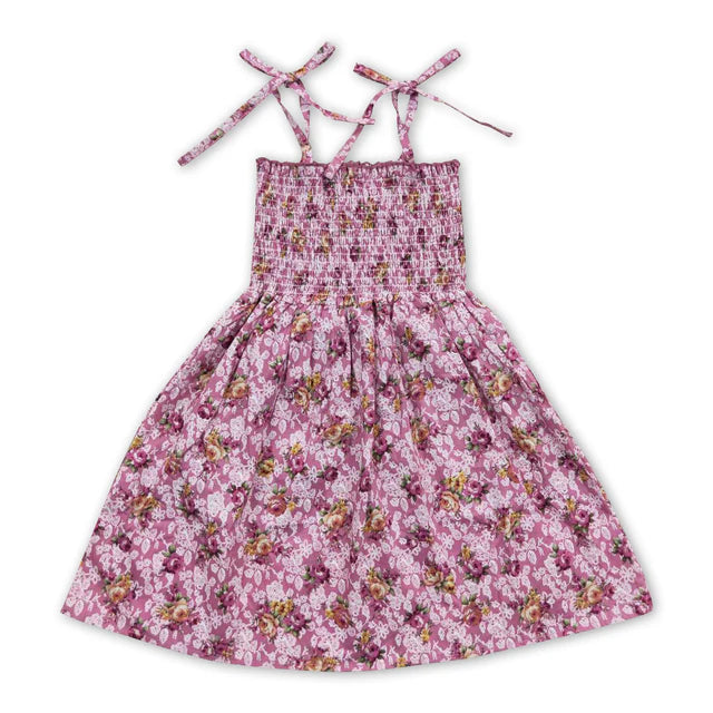 RTS NO MOQ Sibling Baby Girls Hotpink Floral Elastic Knee Length Desses