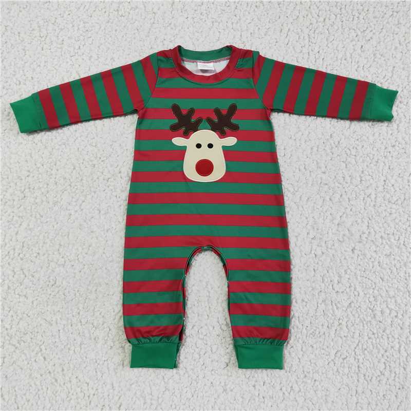 RTS NO MOQ（In Stock) LR0028 Embroidered Christmas deer green long-sleeved jumpsuit