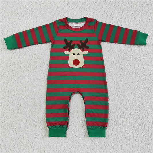 RTS NO MOQ（In Stock) LR0028 Embroidered Christmas deer green long-sleeved jumpsuit