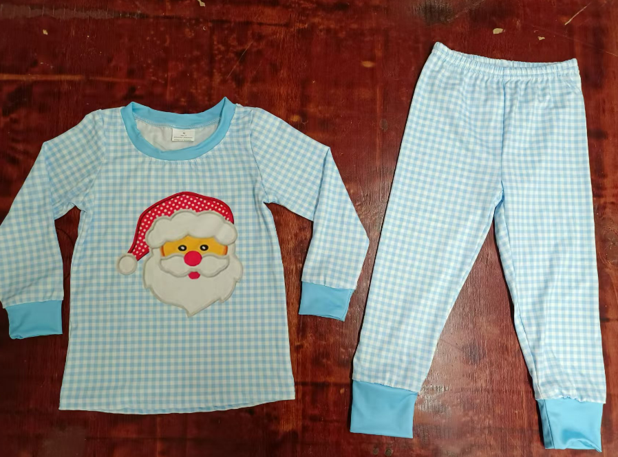 Custom moq 3 eta 6-7weeks Sky blue plaid long-sleeved suit with embroidered Santa Claus pattern