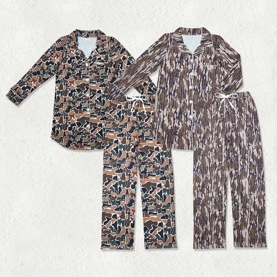 RTS NO MOQ Sibling adult Women's brown, green, and beige camouflage long-sleeved top pants sets