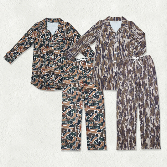 RTS NO MOQ Sibling adult Women's brown, green, and beige camouflage long-sleeved top pants sets
