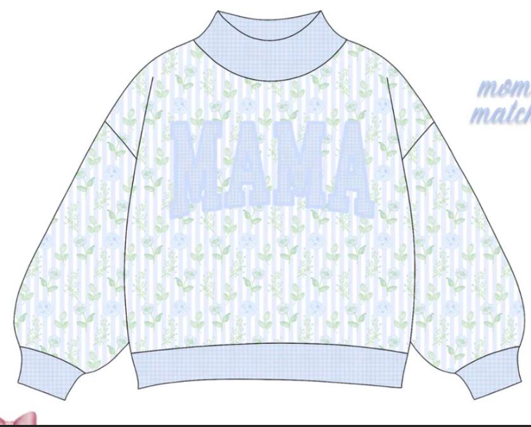 custom moq 5 mix size KNJR0104 High Neck Adult Team Stripe Floral Mock Neck Sweatshirt Mama Letter Pullover Top
