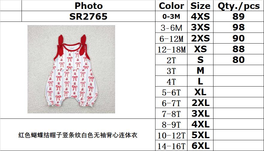 RTS NO MOQ SR2765 Red bow hat vertical stripes white sleeveless vest jumpsuit