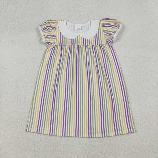 RTS NO MOQ（In Stock) GSD1571 White short-sleeved dress with a carnival stripe and a doll collar