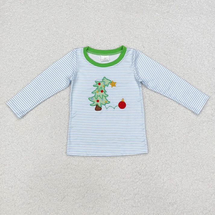 RTS NO MOQ Embroidered Lights Christmas Tree Striped Long Sleeve Dress & Top