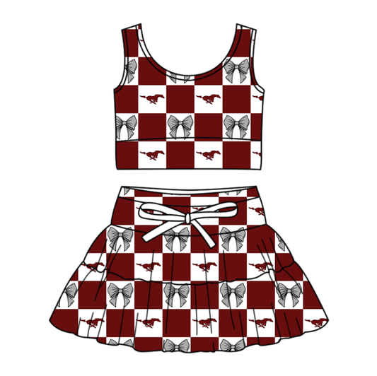 Custom moq 3 or 5 mix size milk silk summer teams baby girl clothes bow dark red sleeveless skirts sets