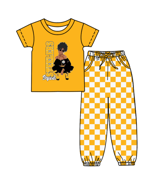 Custom moq 8 mix size milk silk summer teams baby boy clothes yellow plaid short sleeve pants sets-25.9.29