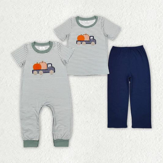RTS NO MOQ Sibling Baby boys clothes embroidery pumpkin short-sleeved trousers suit & romper