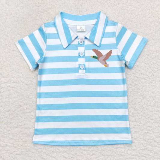 RTS NO MOQ（In Stock) Mallard blue and white striped short-sleeved top
