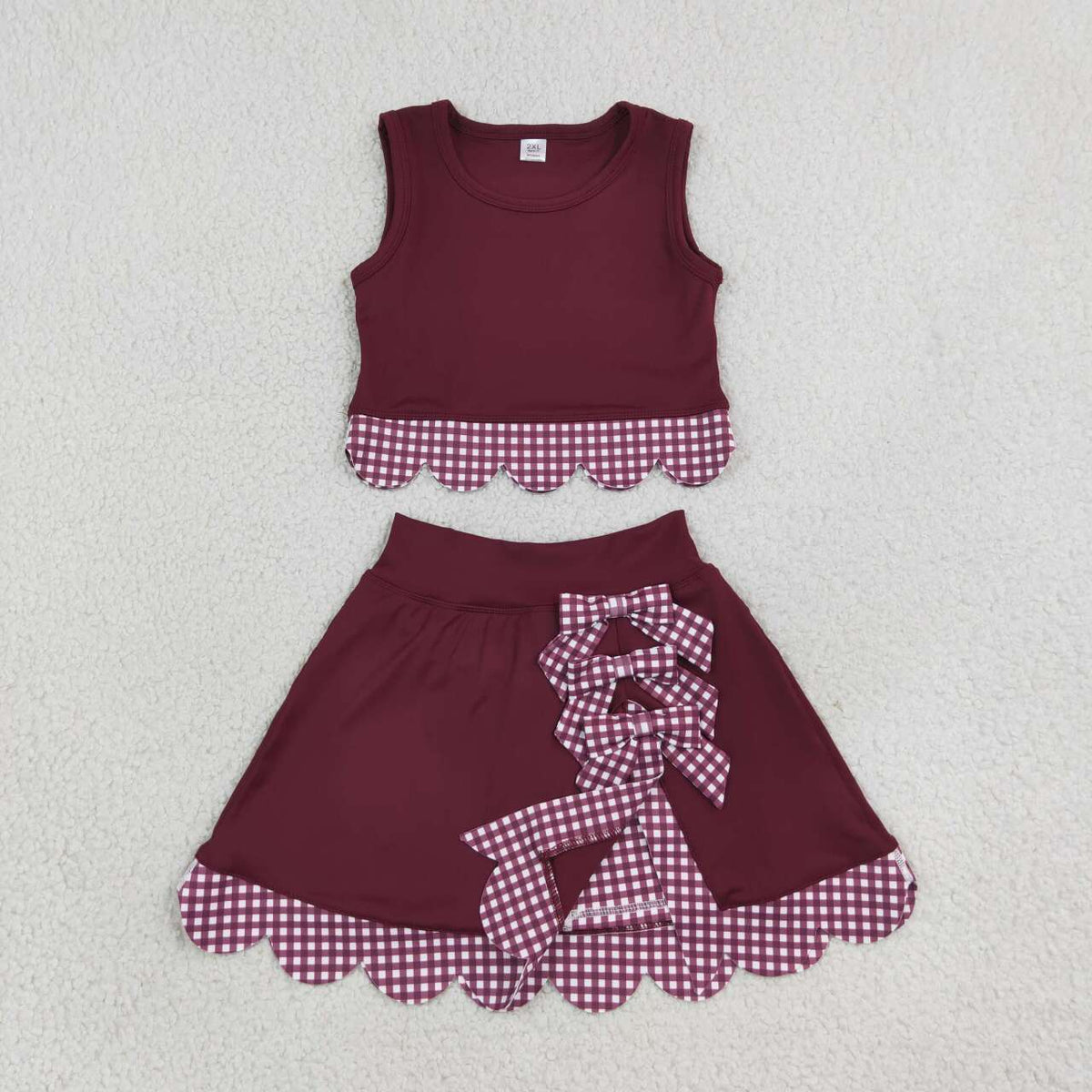 NEW RTS NO MOQ yoga fabric GSD4266 Yoga Baby Girls Cute Bow Maroon Vest Scallop Edge Skort Clothing Set