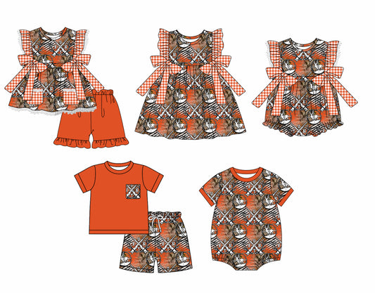 12.2 custom each style moq 5eta 4-6week Sibling Sister HUNT baby girl short sleeve shorts sets and sets 2 and girls romper and boy romper and dress match design