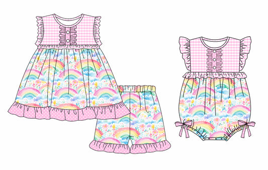 3.29 custom each style moq 5eta 4-6week Sibling Sister rainbow baby girl short sleeve shorts sets and romper match design