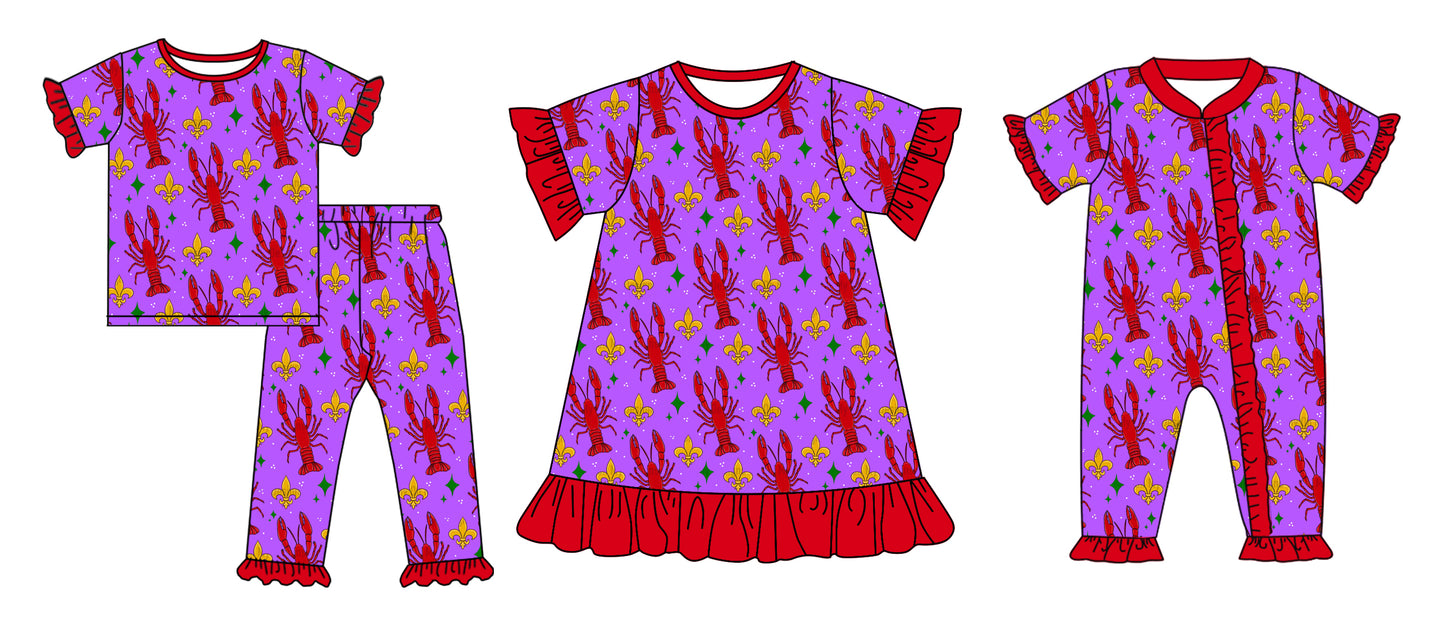12.4 custom each style moq 5eta 4-6week Sibling Sister mardi gras lobster baby girl sets and dress and rompers match family design