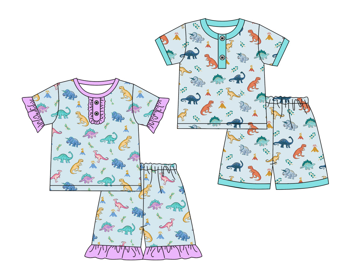 12.16 custom each style moq 5eta 4-6week Sibling Sister dinosuar baby girl short sleeve shorts sets and sets 2 match design