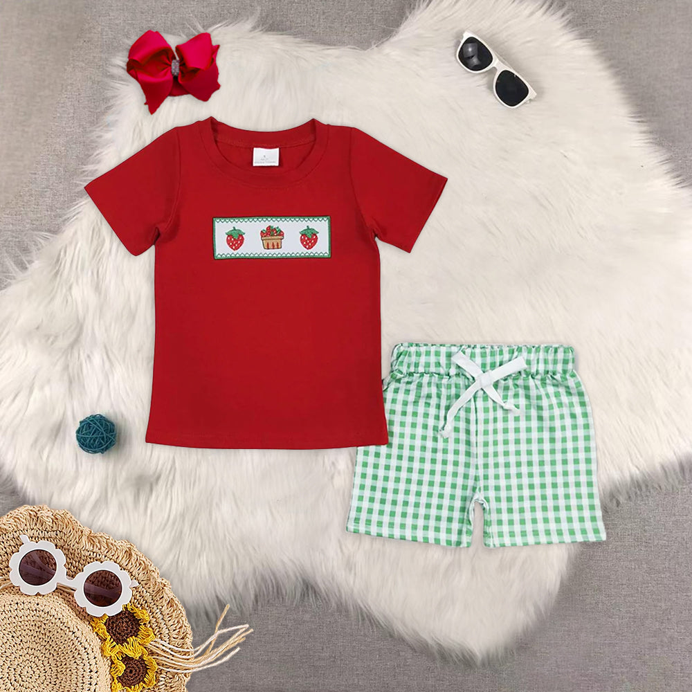 RTS NO MOQ baby boy clothes embroidery strawberry Rompers Clothes Sets
