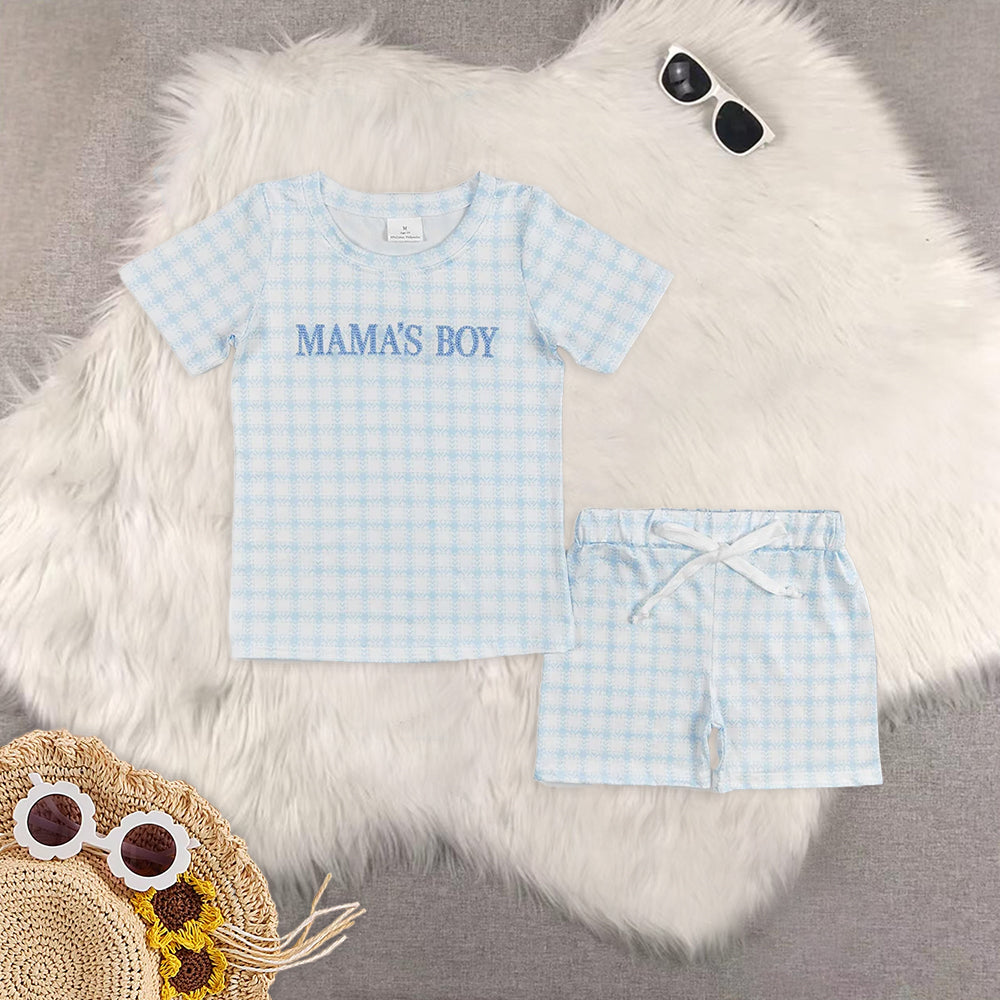 RTS NO MOQ  Letter Plaid Boys and Girls Short Sleeve Shorts Set
