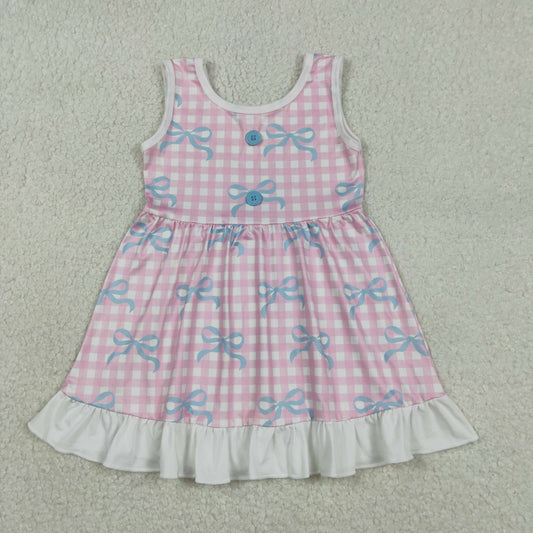 RTS NO MOQ（In Stock ) GSD3145 Blue sleeveless dress with pink checkered buttons and bow pattern