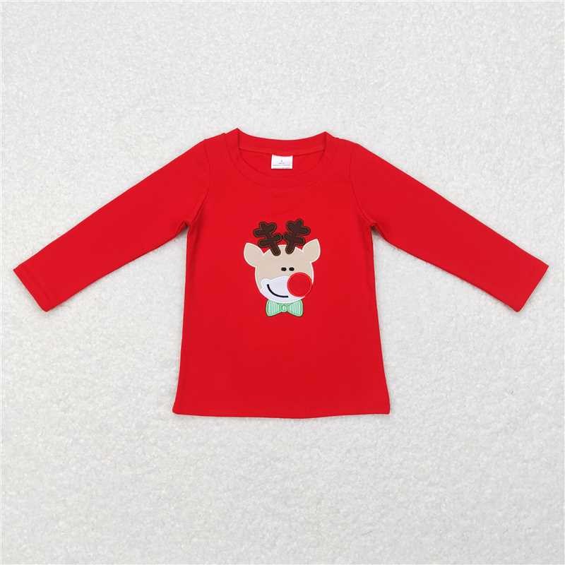 RTS NO MOQ（In Stock ) Embroidered Christmas deer red long-sleeved top