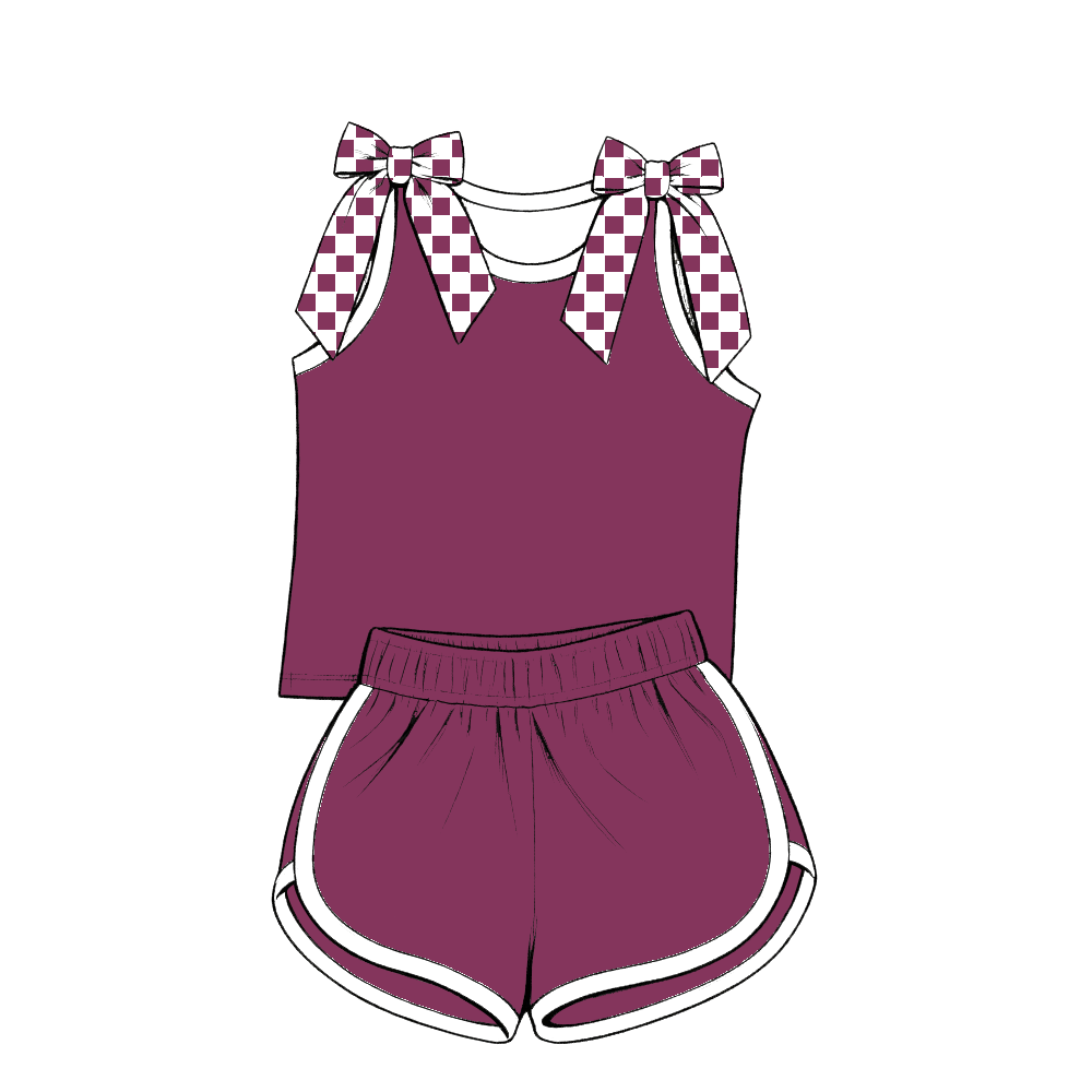 custom moq 5 mix size Baby Girls dark purplish-red Bow Sleeveless Top Shorts Summer Outfit Sets