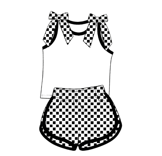 custom moq 5 mix size Baby Girls Checked Bow Sleeveless White Top Shorts Summer Casual Clothes Set